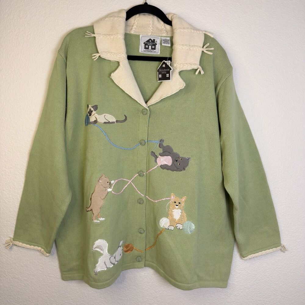 Storybook Knits 3X Pounce Mixed Cats Cardigan Sweater Cat Yarn Sage NWT